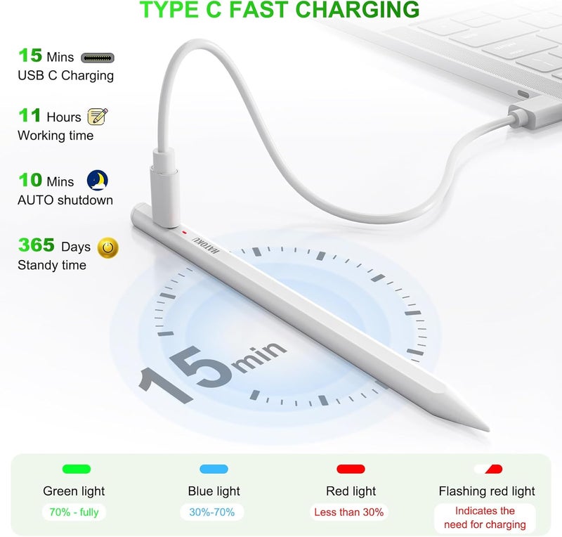 HATOKU Pencil for iPad A16 11/10th Generation: 15 Mins Fast Charging Pencil Pro with Tilt Sensitivity Pixel Precision & Palm Rejection for iPad 6-11th Gen - Air 3 4 5 M2 M3 - Pro 11 12.9 M4 - Mini 5 6 - Image 3